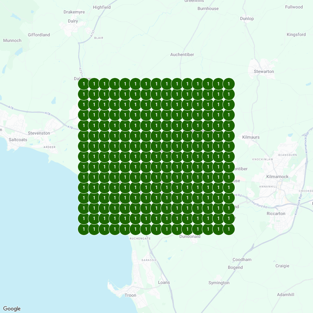 Local rank map showing Jimbo's Exterior Cleaning ranking #1 across Irvine and the surrounding Ayrshire area