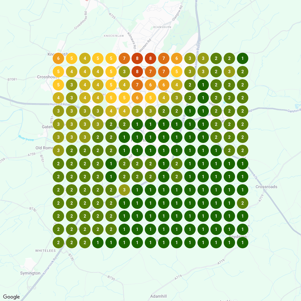 Local rank map showing RB Joinery ranking #1 for 'joiner near me' across Kilmarnock and surrounding villages after three months of SEO