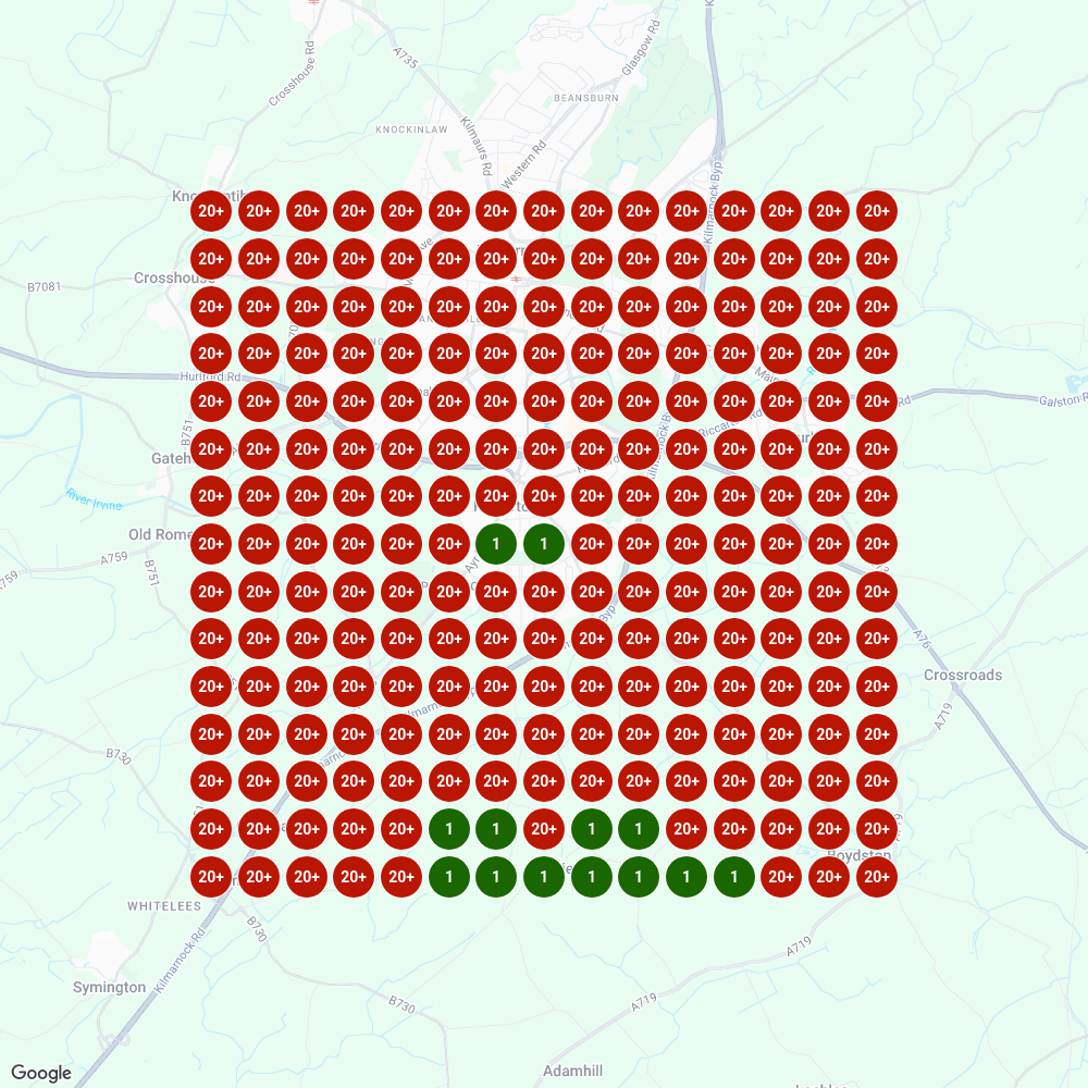 Local rank map showing RB Joinery ranking outside the top 20 for 'joiner near me' across almost all of Kilmarnock before SEO